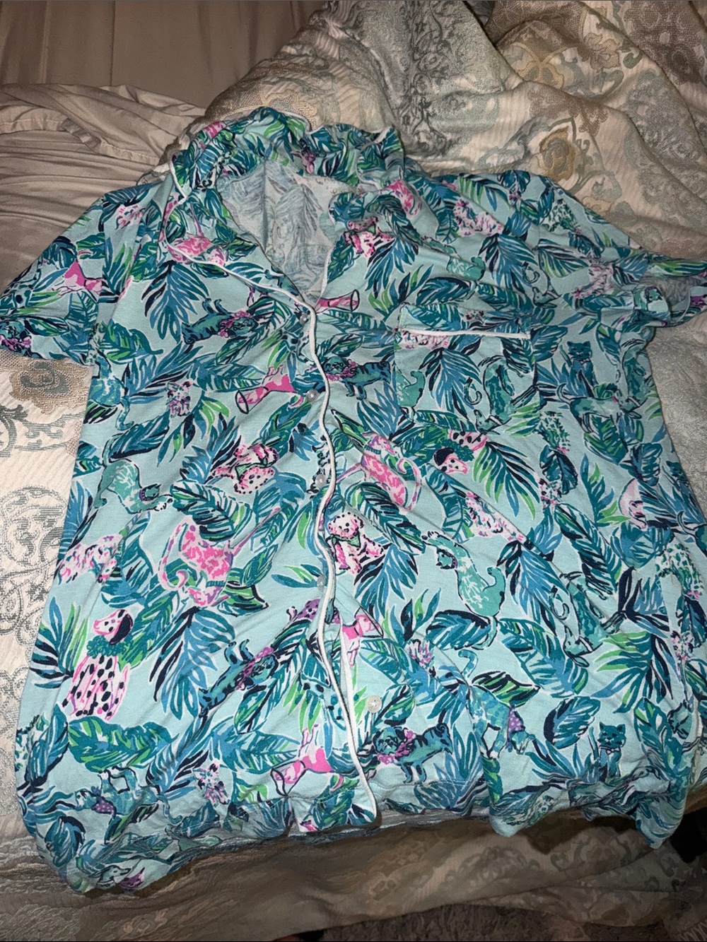 Lilly Pulitzer Aqua Leaf & Pink Leopard Lounge Pants and Matching Shirt